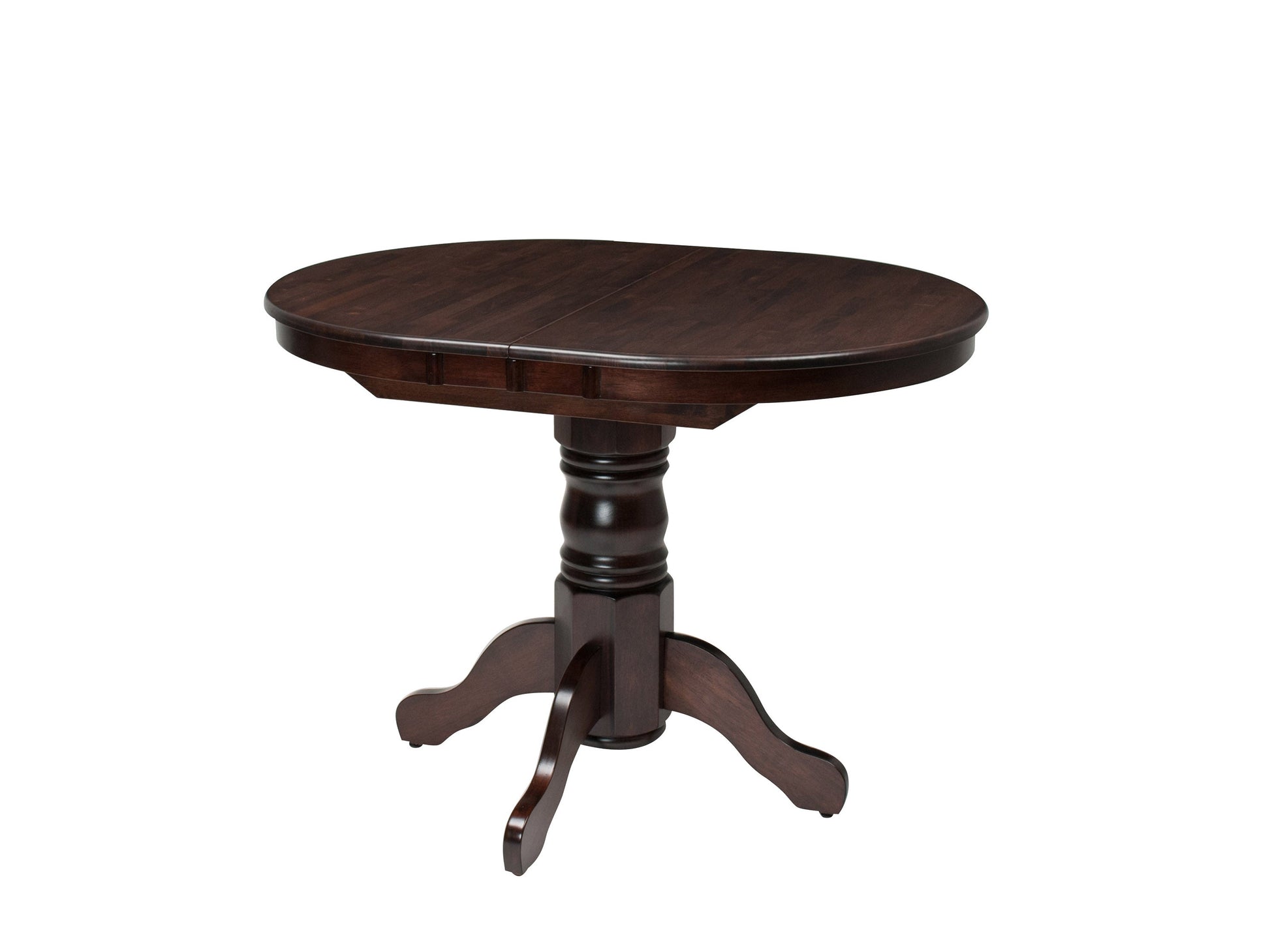 Extendable oval dining table in rich espresso finish with smooth wooden surface, elegant tapered legs, and hidden extension leaf for extra seating. Ideal for modern dining rooms and family gatherings.