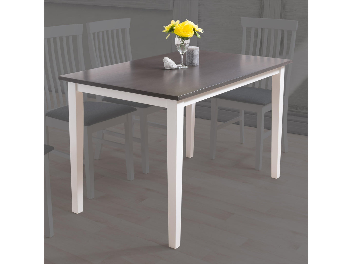 Grey and white dining table with sleek rectangular surface, modern metal legs, and smooth finish, perfect for contemporary dining rooms.