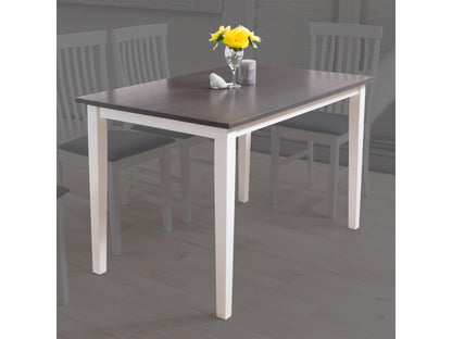 Grey and white dining table with sleek rectangular surface, modern metal legs, and smooth finish, perfect for contemporary dining rooms.