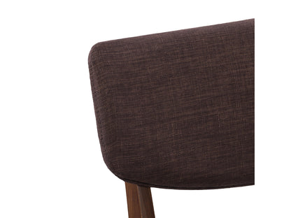Set of 2 walnut dining chairs with curved backs, cushioned seats in light beige fabric, and sleek wooden legs. Ideal for modern dining rooms, these chairs blend contemporary design with comfort and durability.