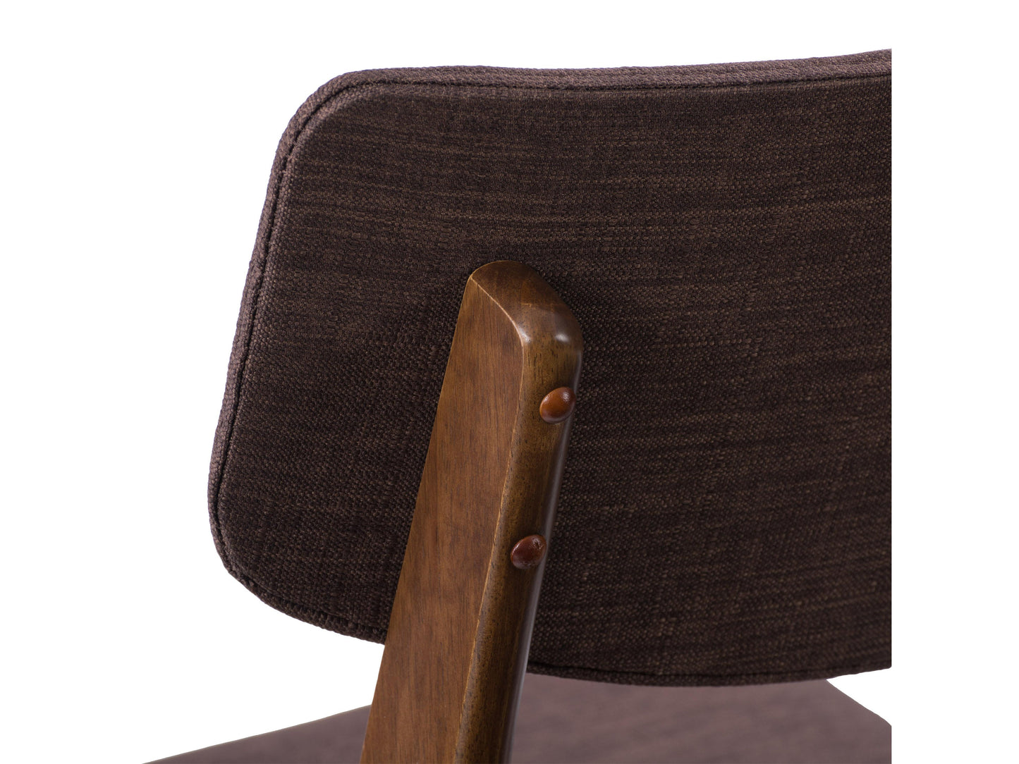 Set of 2 walnut dining chairs with curved wooden backrests, black faux leather cushioned seats, and sleek tapered legs. Ideal for modern dining rooms, offering comfort and style.