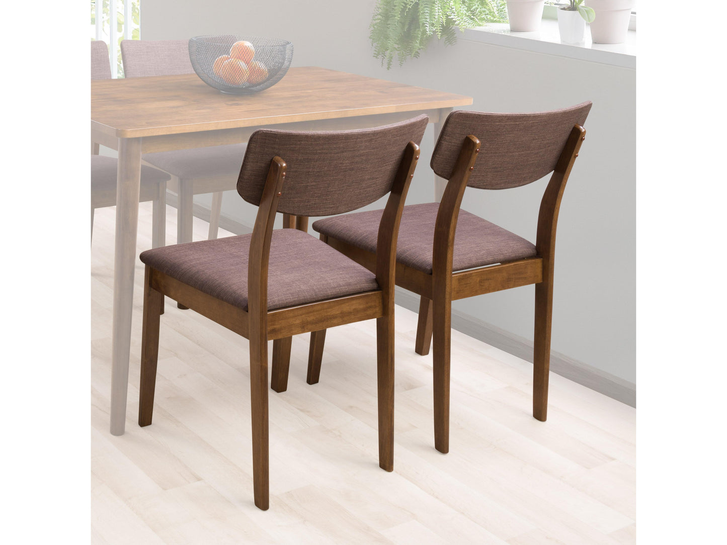 Set of 2 walnut dining chairs with curved wooden backrests, upholstered seats in light gray fabric, and sleek tapered legs, perfect for modern dining rooms or kitchens.