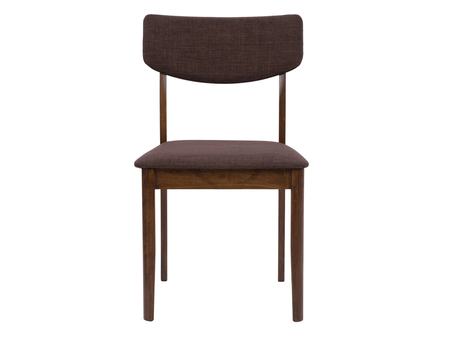 Set of two walnut dining chairs with mid-century modern design, featuring sleek wooden frames, upholstered seats, and curved backrests for comfort and style.
