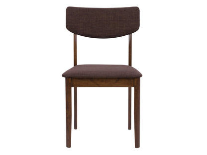 Set of two walnut dining chairs with mid-century modern design, featuring sleek wooden frames, upholstered seats, and curved backrests for comfort and style.