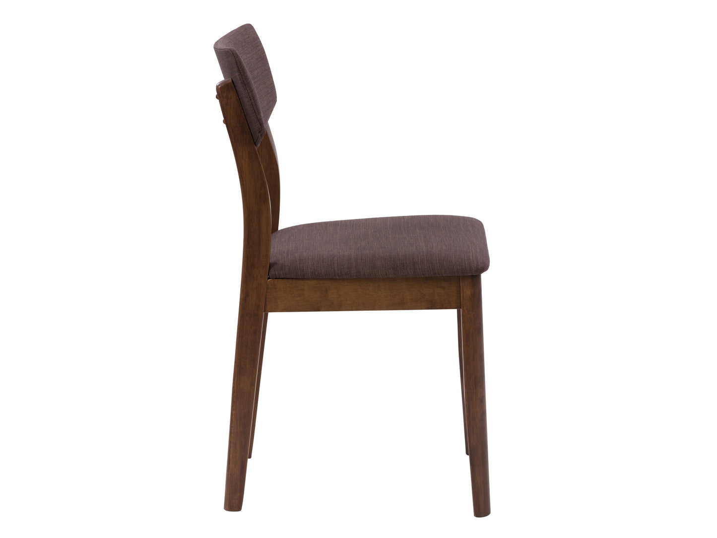 Set of two walnut dining chairs with sleek, curved wooden backs and cushioned seats in beige fabric. The chairs feature sturdy wooden legs and a contemporary design, perfect for modern dining rooms.