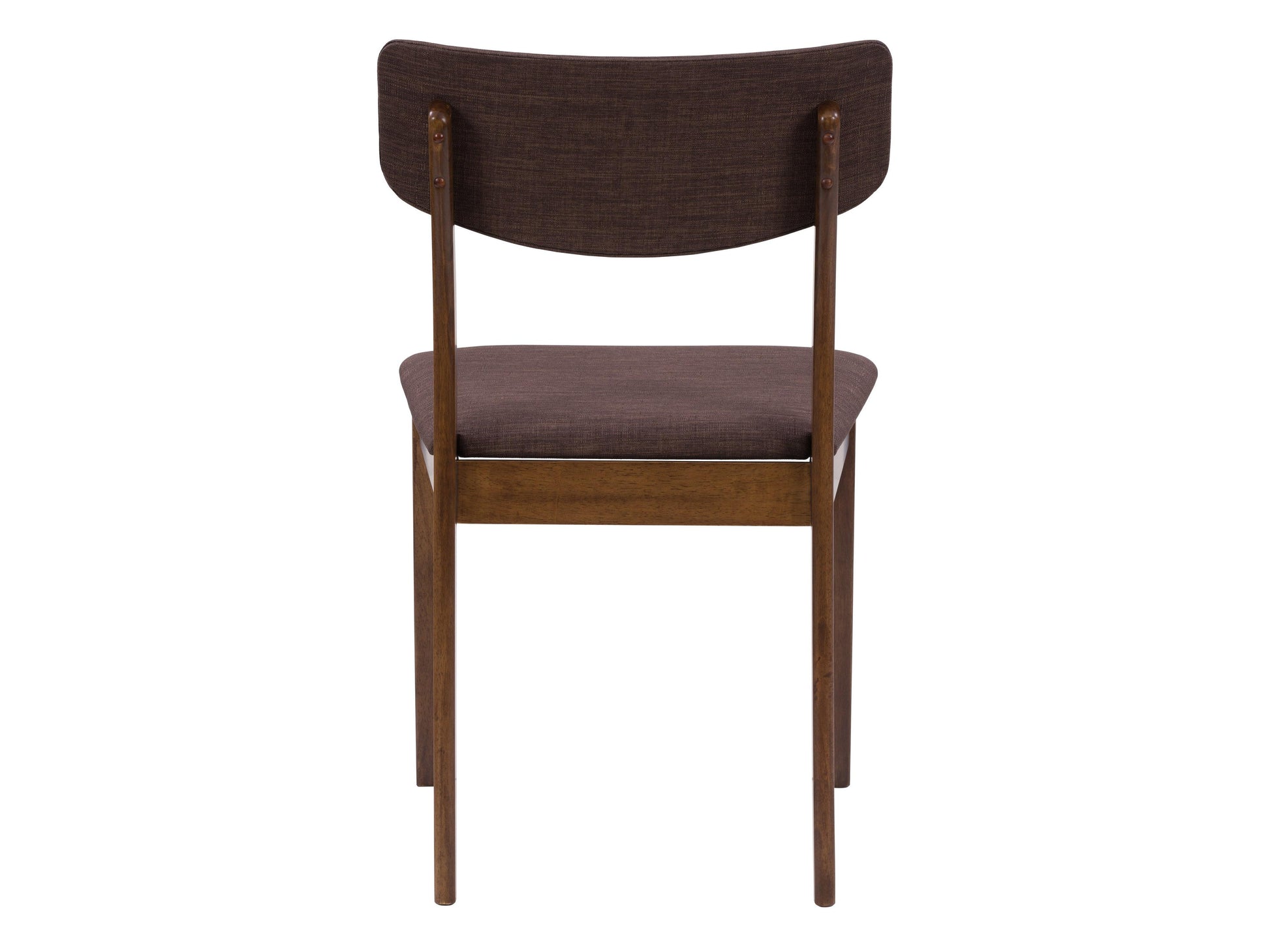 Set of two walnut dining chairs with curved wooden backs, upholstered beige seats, and sleek metal legs, ideal for modern dining rooms.