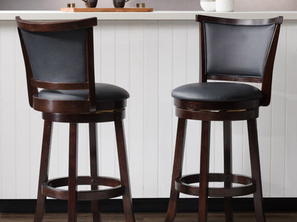 Set of 2 black bar height bar stools with sleek metal frames, cushioned seats, and footrests. Modern design with durable materials ideal for kitchen islands or home bars.
