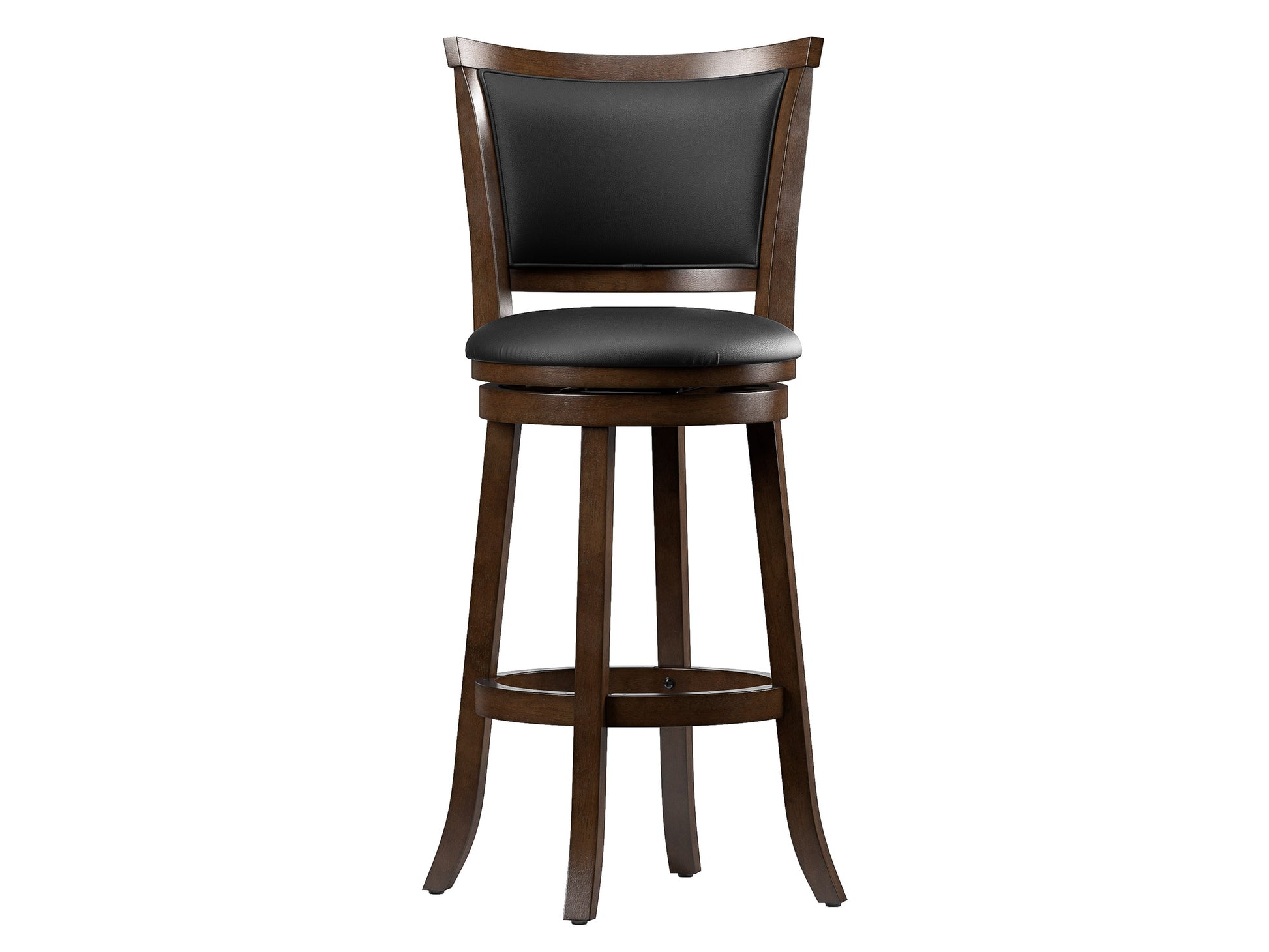 Set of 2 black bar height bar stools with sleek metal frames, cushioned seats, and footrests. Modern design with durable materials ideal for kitchen islands or home bars.