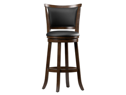 Set of 2 black bar height bar stools with sleek metal frames, cushioned seats, and footrests. Modern design with durable materials ideal for kitchen islands or home bars.