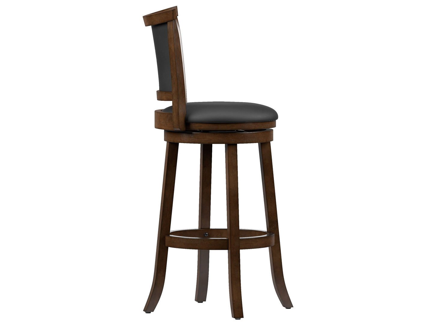 Set of 2 black bar height bar stools with sleek metal frames, cushioned seats, and footrests. Modern design with durable materials ideal for kitchen islands or home bars.