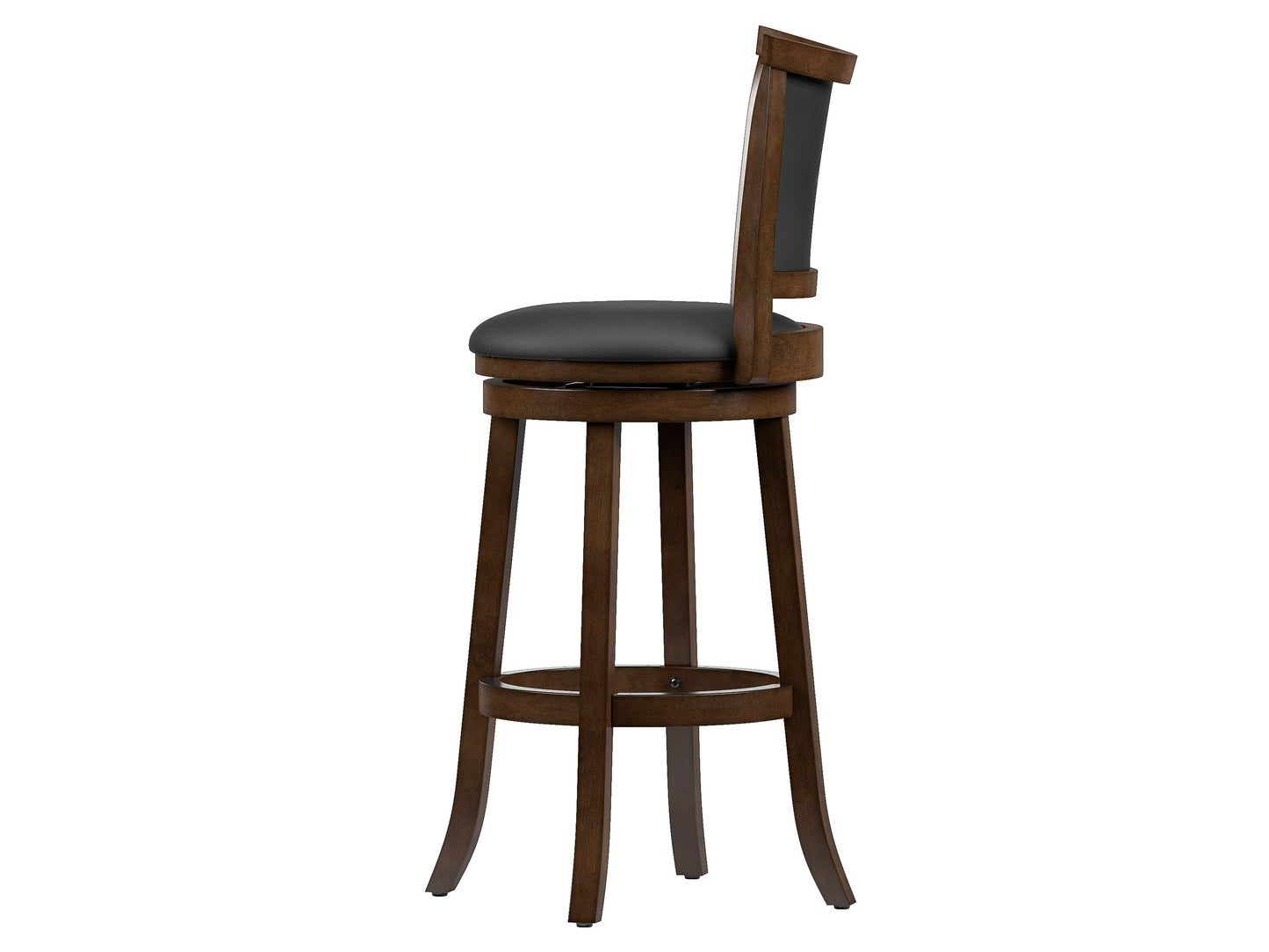 Set of 2 black bar height bar stools with sleek metal frames, cushioned seats, and footrests. Modern design with durable materials ideal for kitchen islands or home bars.