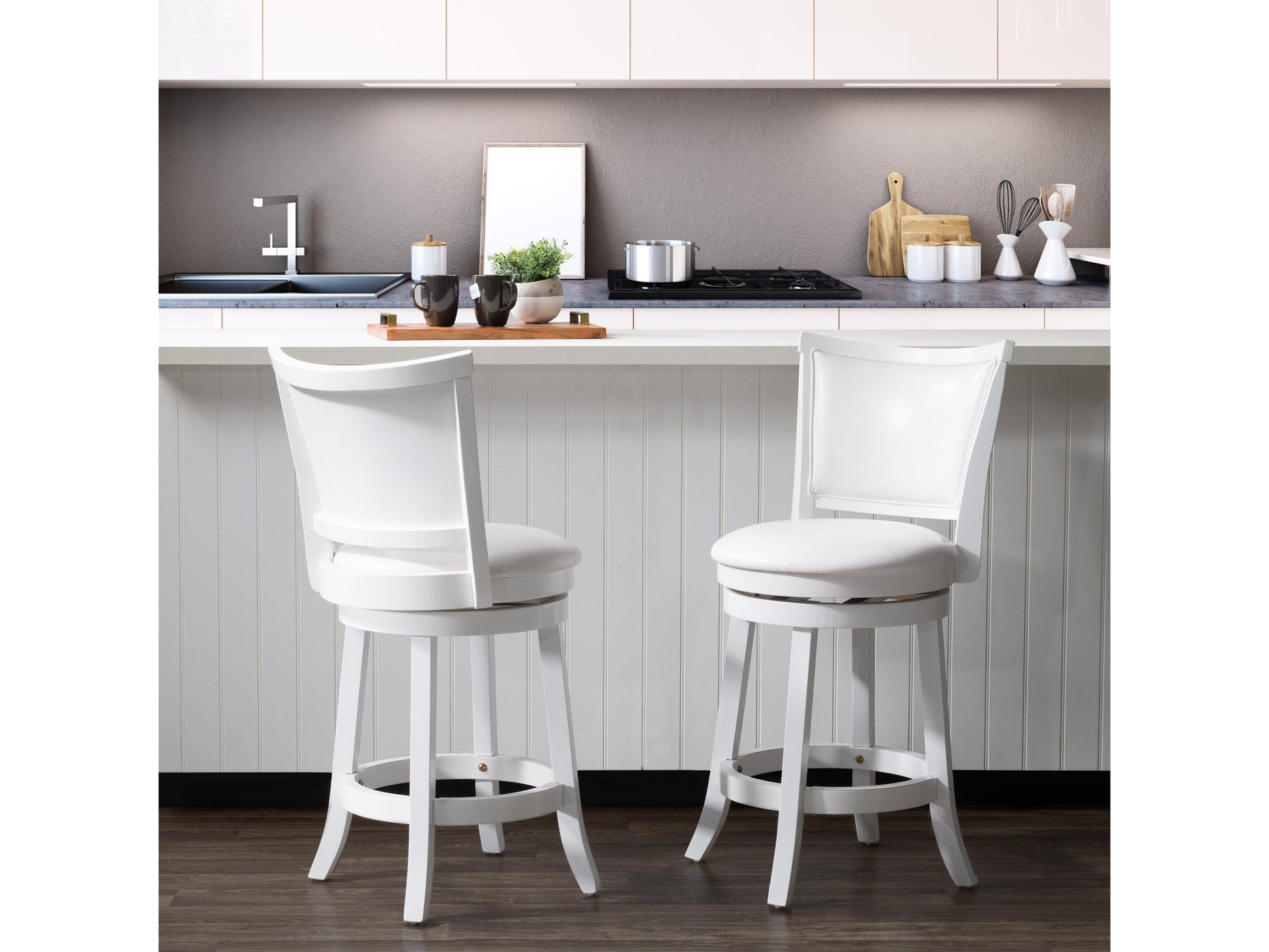 Modern counter height bar stools, set of 2, featuring sleek black metal frames, cushioned gray seats, and footrests for added comfort. Ideal for kitchen islands and home bars, blending contemporary design with functionality.