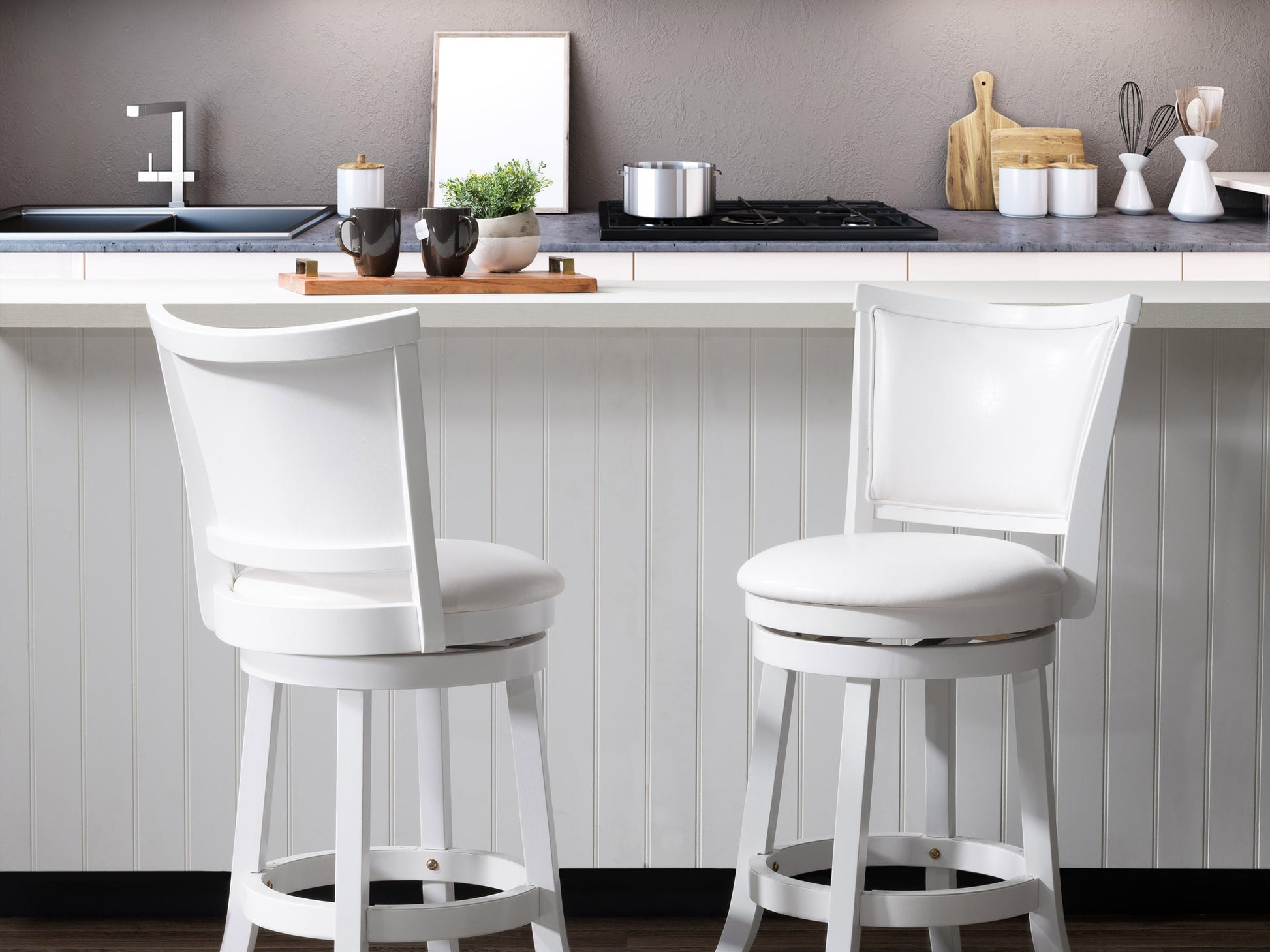 White counter height bar stools set of 2 with cushioned seats, sleek chrome legs, and modern design. Ideal for kitchen islands and home bars.
