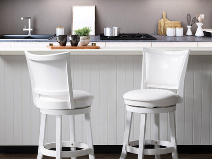 White counter height bar stools set of 2 with cushioned seats, sleek chrome legs, and modern design. Ideal for kitchen islands and home bars.