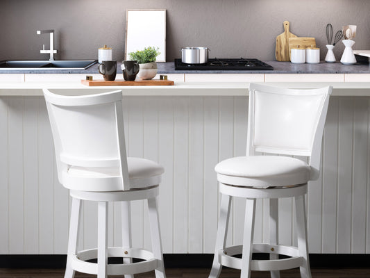 White counter height bar stools set of 2 with cushioned seats, sleek chrome legs, and modern design. Ideal for kitchen islands and home bars.