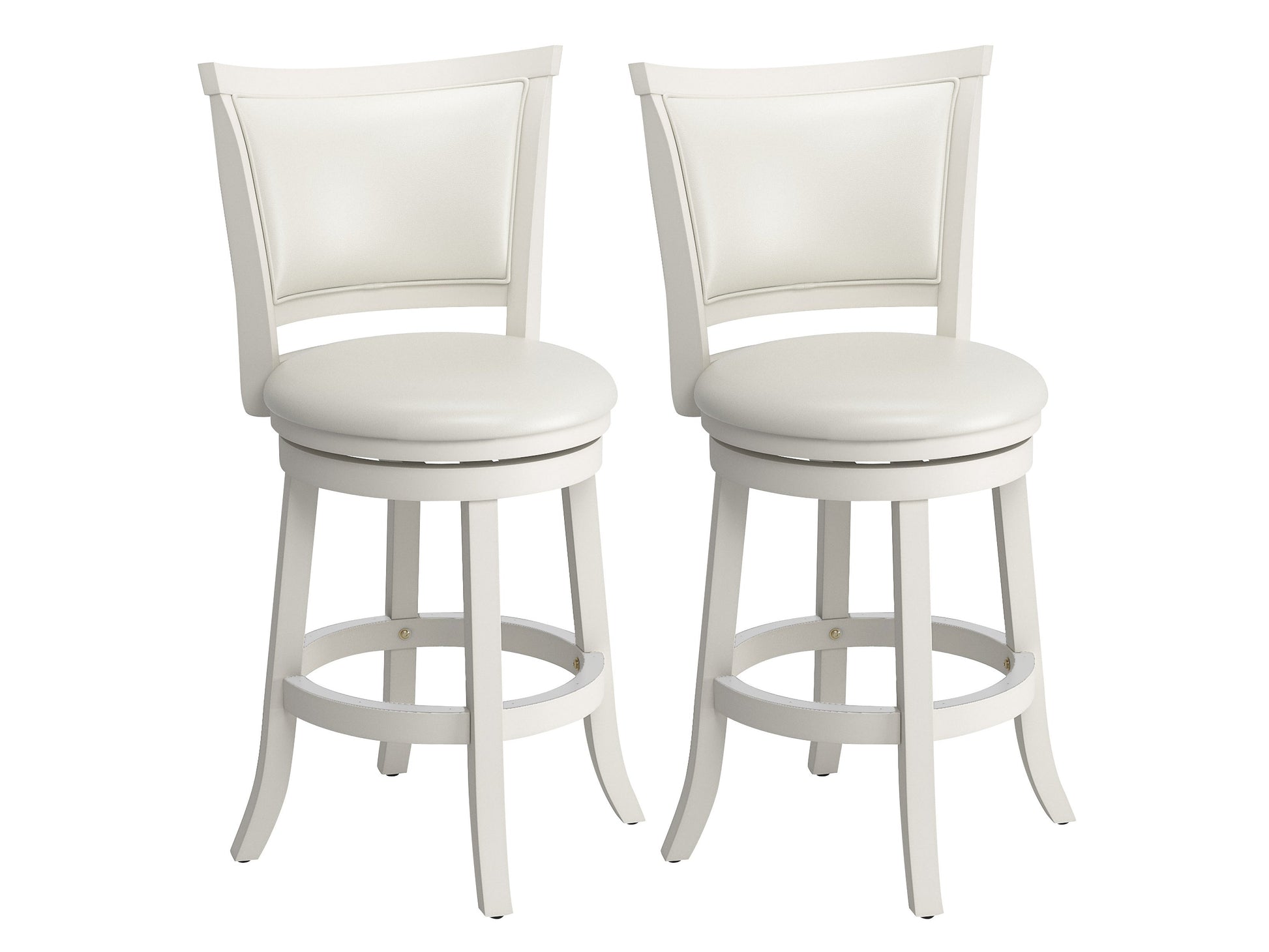 White counter height bar stools set of 2 with cushioned seats, sleek chrome legs, and modern design. Ideal for kitchen islands and home bars.