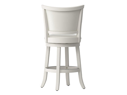 Set of two counter height bar stools with dark walnut wood frames, black cushioned seats, and slatted backrests. Ideal for kitchen islands or home bars, offering a blend of comfort and modern style.