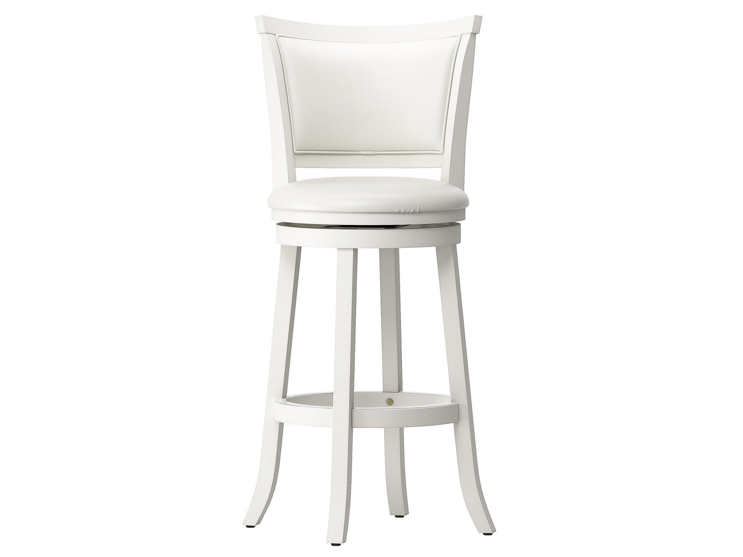 White bar height bar stools set of 2, featuring sleek chrome legs, cushioned seats with white faux leather upholstery, and footrests for added comfort, perfect for modern kitchen or bar settings.