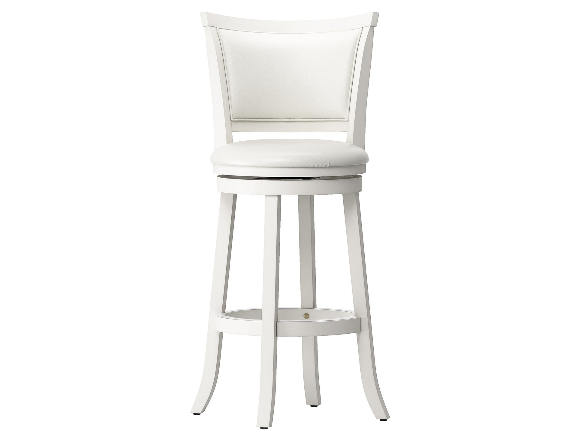 White bar height bar stools set of 2, featuring sleek chrome legs, cushioned seats with white faux leather upholstery, and footrests for added comfort, perfect for modern kitchen or bar settings.