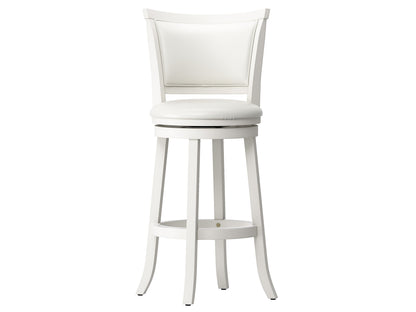 White bar height bar stools set of 2, featuring sleek chrome legs, cushioned seats with white faux leather upholstery, and footrests for added comfort, perfect for modern kitchen or bar settings.