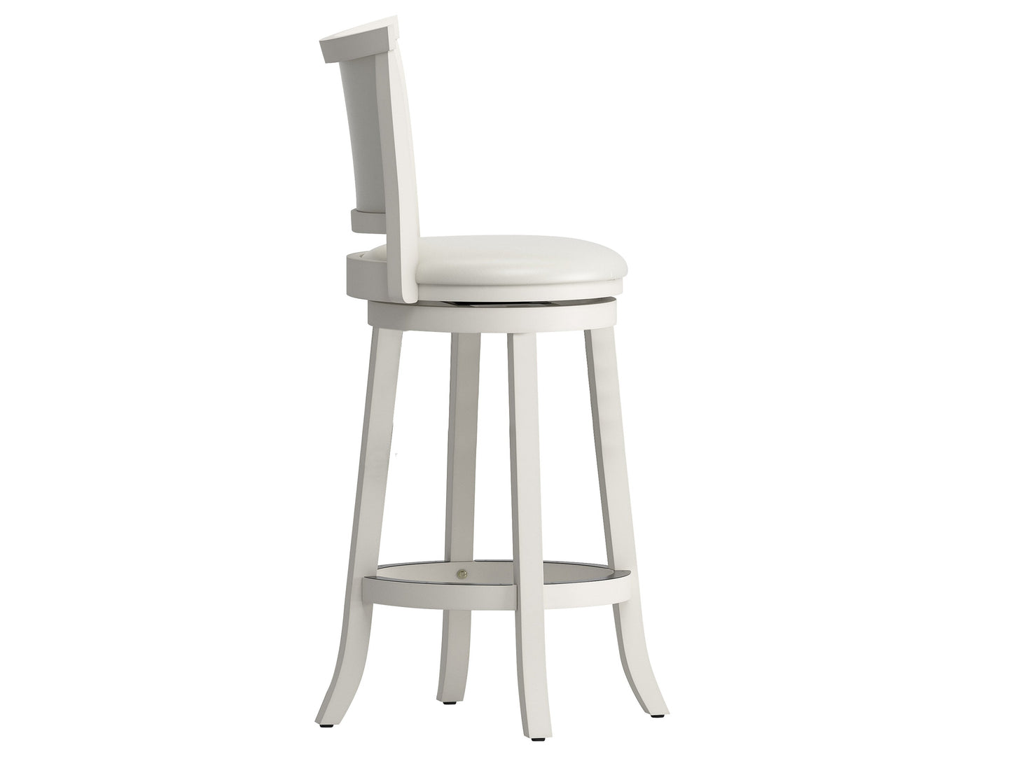 White bar height bar stools set of 2, featuring sleek chrome legs, cushioned seats with white faux leather upholstery, and footrests for added comfort, perfect for modern kitchen or bar settings.