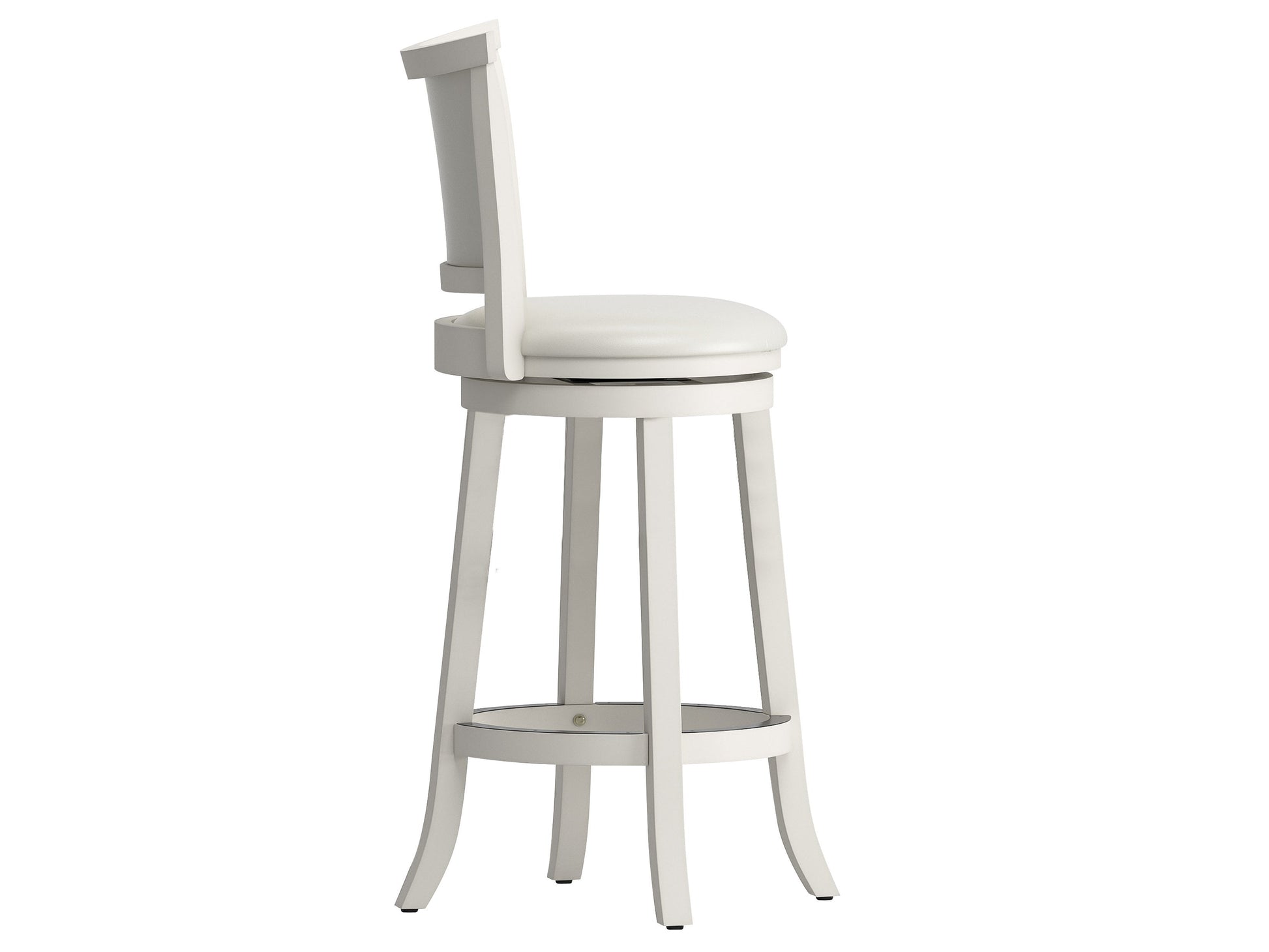White bar height bar stools set of 2, featuring sleek chrome legs, cushioned seats with white faux leather upholstery, and footrests for added comfort, perfect for modern kitchen or bar settings.