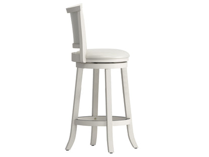White bar height bar stools set of 2, featuring sleek chrome legs, cushioned seats with white faux leather upholstery, and footrests for added comfort, perfect for modern kitchen or bar settings.