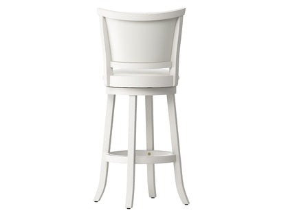 White bar height bar stools set of 2, featuring sleek chrome legs, cushioned seats with white faux leather upholstery, and footrests for added comfort, perfect for modern kitchen or bar settings.