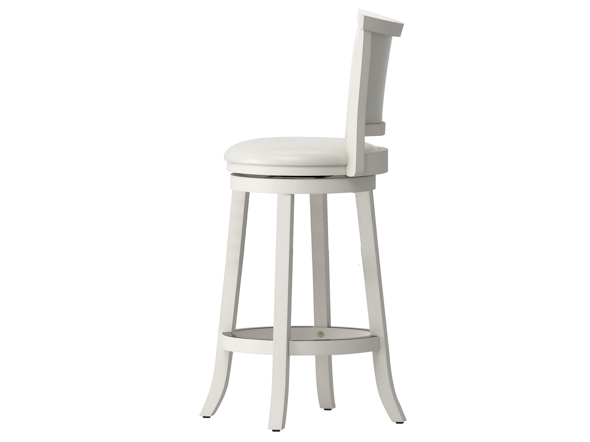 White bar height bar stools set of 2, featuring sleek chrome legs, cushioned seats with white faux leather upholstery, and footrests for added comfort, perfect for modern kitchen or bar settings.