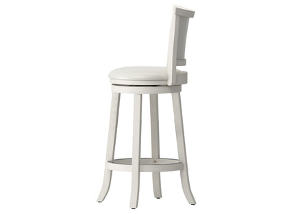 White bar height bar stools set of 2, featuring sleek chrome legs, cushioned seats with white faux leather upholstery, and footrests for added comfort, perfect for modern kitchen or bar settings.