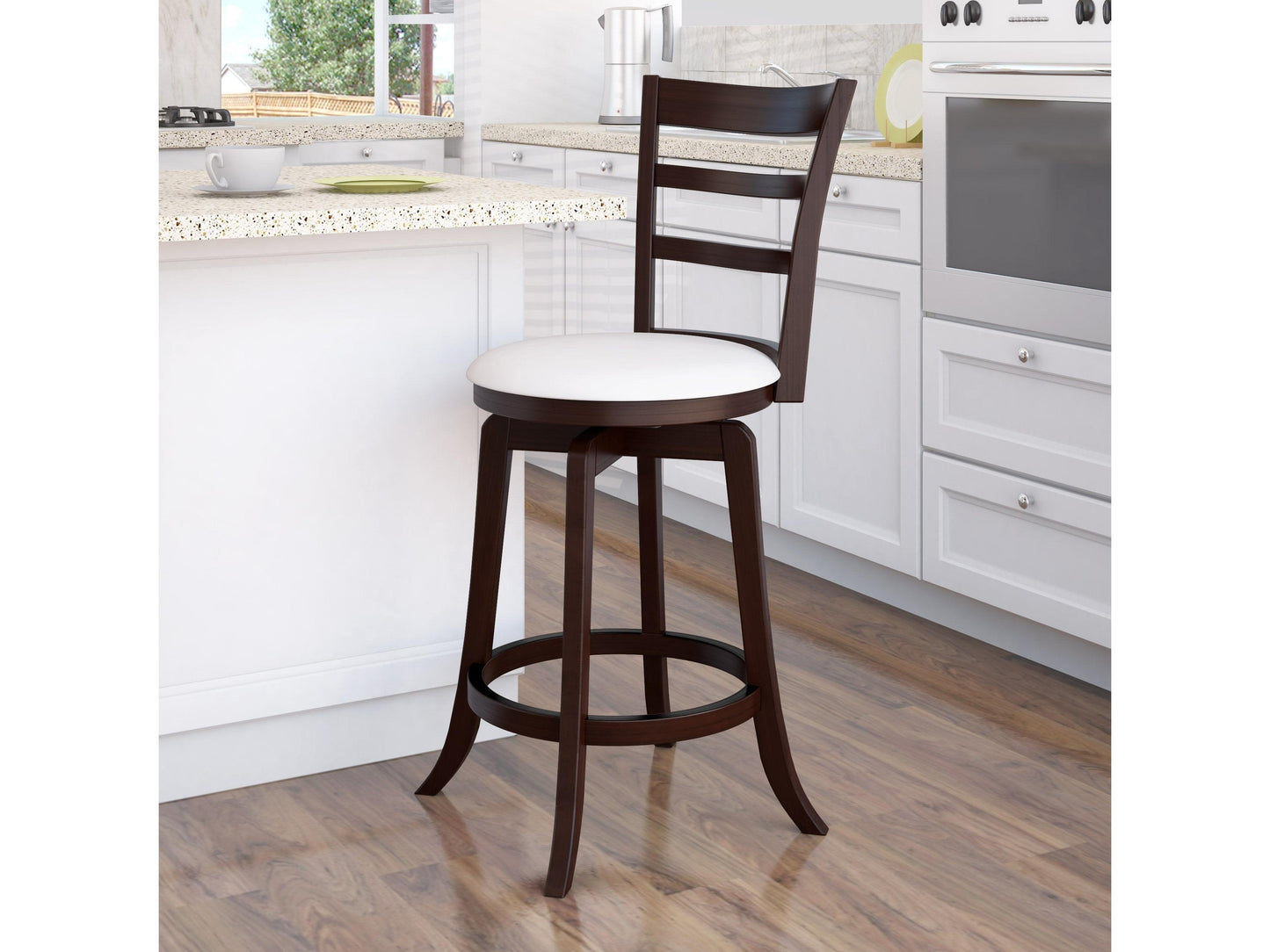 Counter height wood bar stool with natural oak finish, featuring a curved backrest, black metal footrest, and minimalist design. Ideal for modern kitchens or home bars.