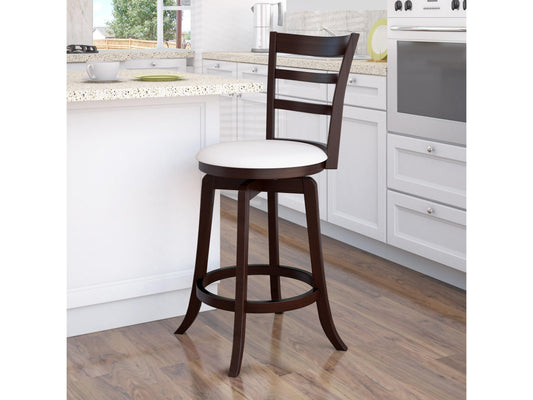 Counter height wood bar stool with natural oak finish, featuring a curved backrest, black metal footrest, and minimalist design. Ideal for modern kitchens or home bars.