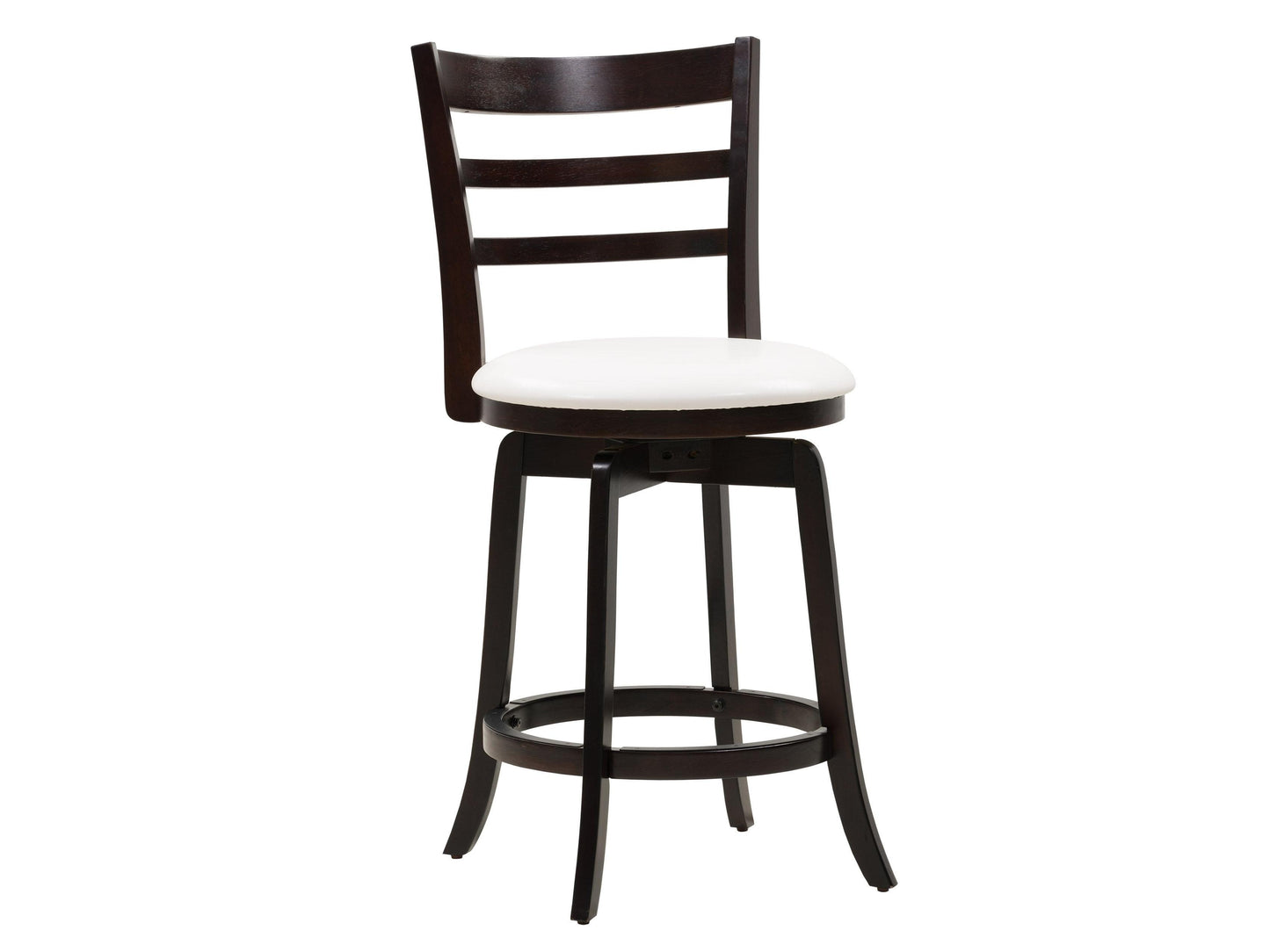 Modern wood bar stool with beige cushioned seat, dark brown legs, and footrest, counter height, made from high-quality wood, perfect for kitchen islands or home bars.
