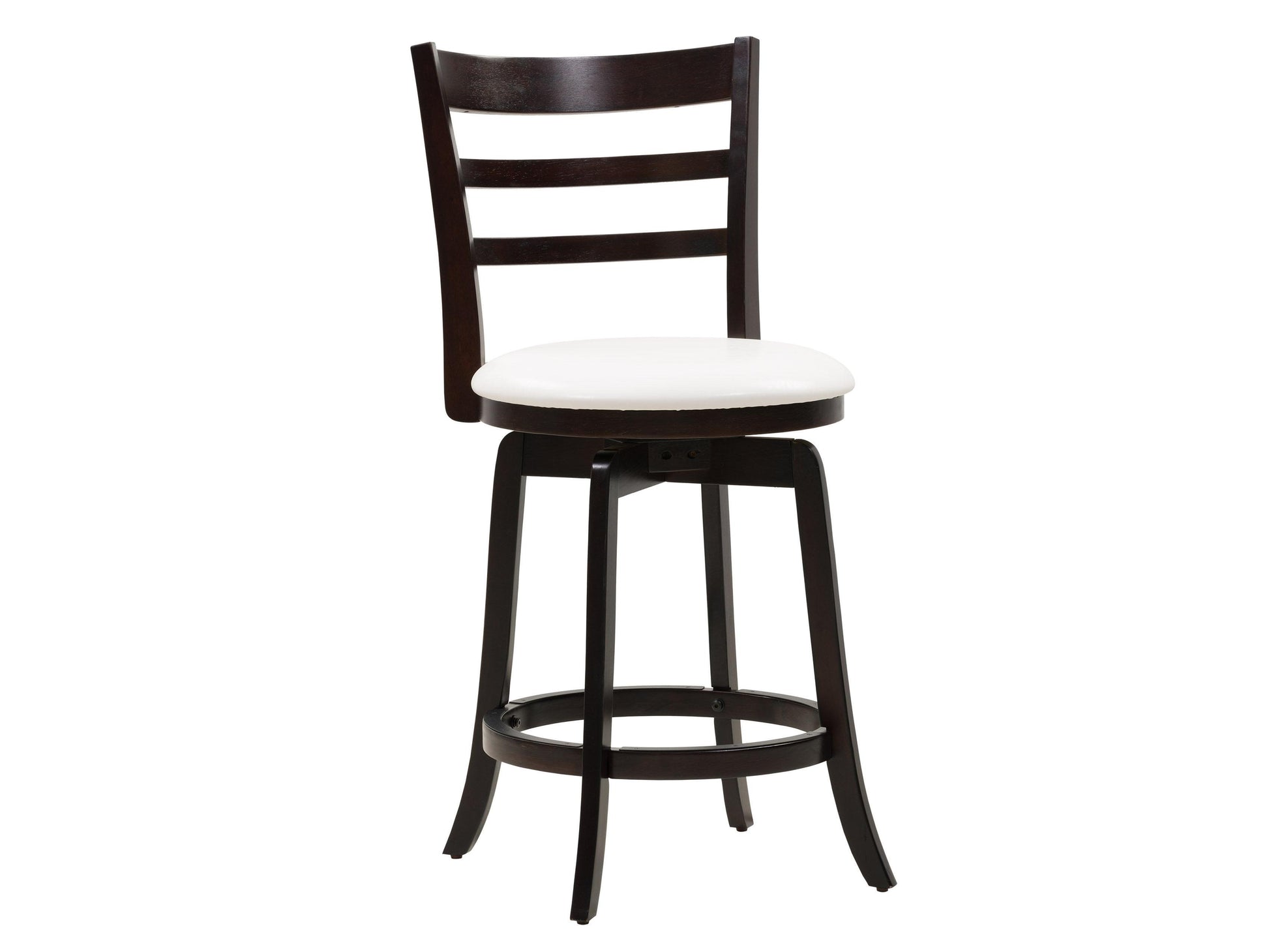 Modern wood bar stool with beige cushioned seat, dark brown legs, and footrest, counter height, made from high-quality wood, perfect for kitchen islands or home bars.