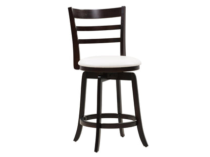 Modern wood bar stool with beige cushioned seat, dark brown legs, and footrest, counter height, made from high-quality wood, perfect for kitchen islands or home bars.