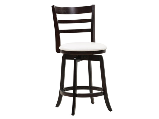 Modern wood bar stool with beige cushioned seat, dark brown legs, and footrest, counter height, made from high-quality wood, perfect for kitchen islands or home bars.