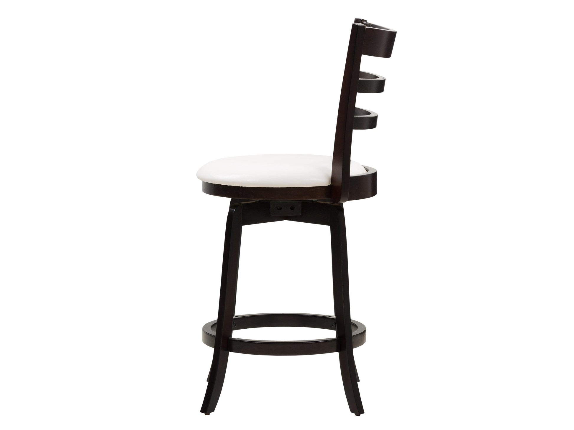 Counter height wood bar stool with natural finish, featuring a curved seat and backrest, supported by black metal legs with a footrest. Ideal for modern and rustic kitchen or bar settings.