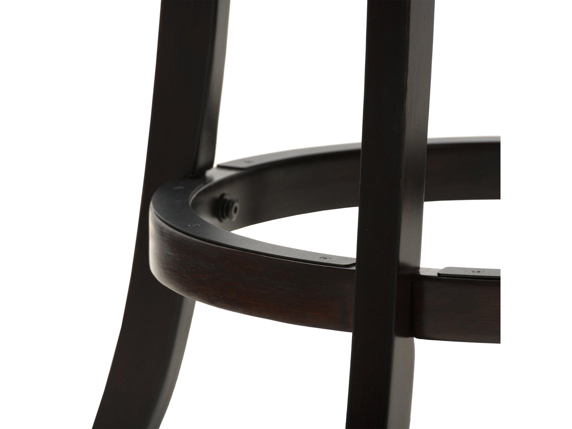 Wood bar stool with a dark walnut finish, featuring a curved backrest, cushioned seat in cream fabric, and sleek metal footrest for added comfort and style. Ideal for modern kitchen or bar settings.