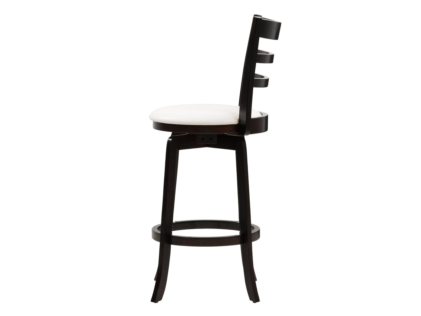 Modern wood bar stool with a curved backrest, dark walnut finish, and black metal legs. Ideal for bar height counters, featuring a sleek design and comfortable padded seat.