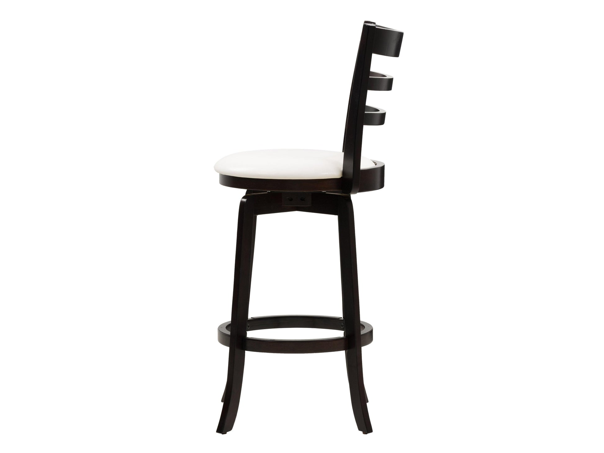 Modern wood bar stool with a curved backrest, dark walnut finish, and black metal legs. Ideal for bar height counters, featuring a sleek design and comfortable padded seat.
