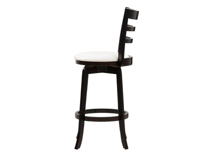 Modern wood bar stool with a curved backrest, dark walnut finish, and black metal legs. Ideal for bar height counters, featuring a sleek design and comfortable padded seat.