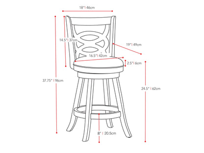 Dark wood bar stool with cushioned beige seat, sleek backrest design, and sturdy construction. Ideal for counter height use in kitchens or bars.