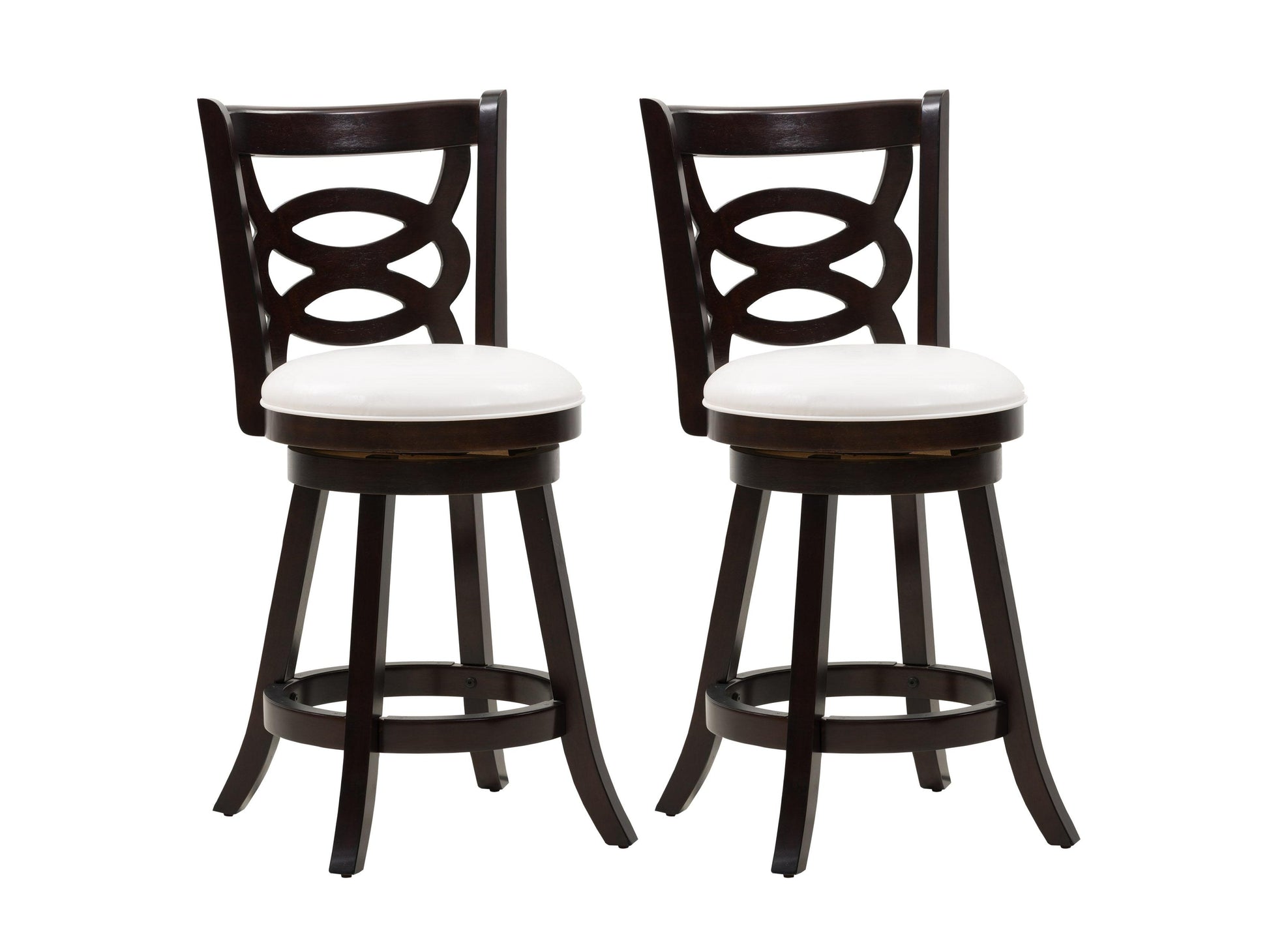 Wooden bar stool with dark walnut finish, featuring a curved backrest, padded beige seat, and sturdy wooden legs. Ideal for kitchen counters and home bars.