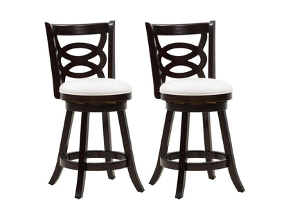 Wooden bar stool with dark walnut finish, featuring a curved backrest, padded beige seat, and sturdy wooden legs. Ideal for kitchen counters and home bars.