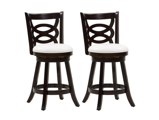 Wooden bar stool with dark walnut finish, featuring a curved backrest, padded beige seat, and sturdy wooden legs. Ideal for kitchen counters and home bars.