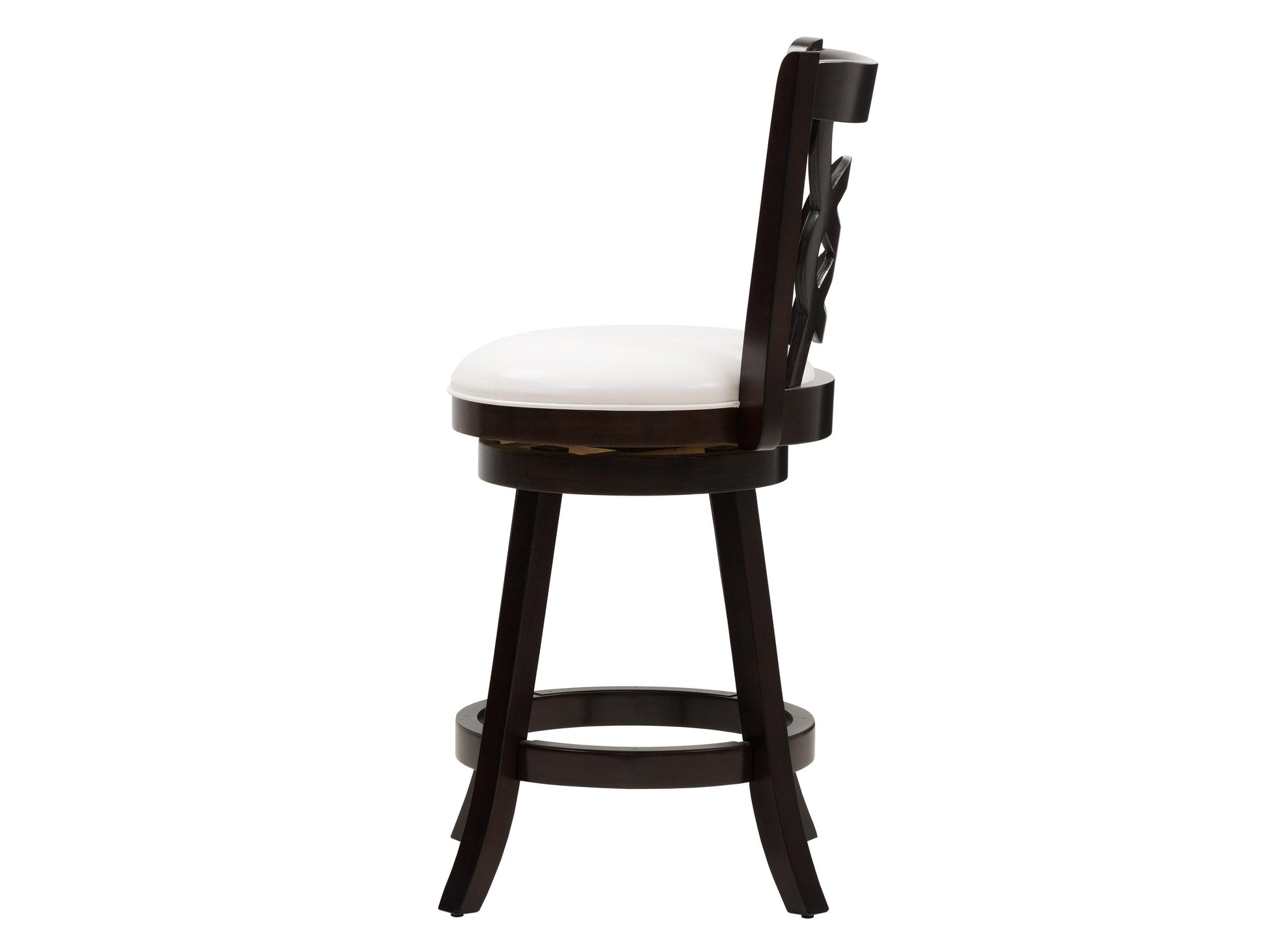 Modern wood bar stool with dark walnut finish, black metal footrest, and cushioned seat. Counter height design with sleek lines and sturdy construction, perfect for contemporary kitchens and home bars.