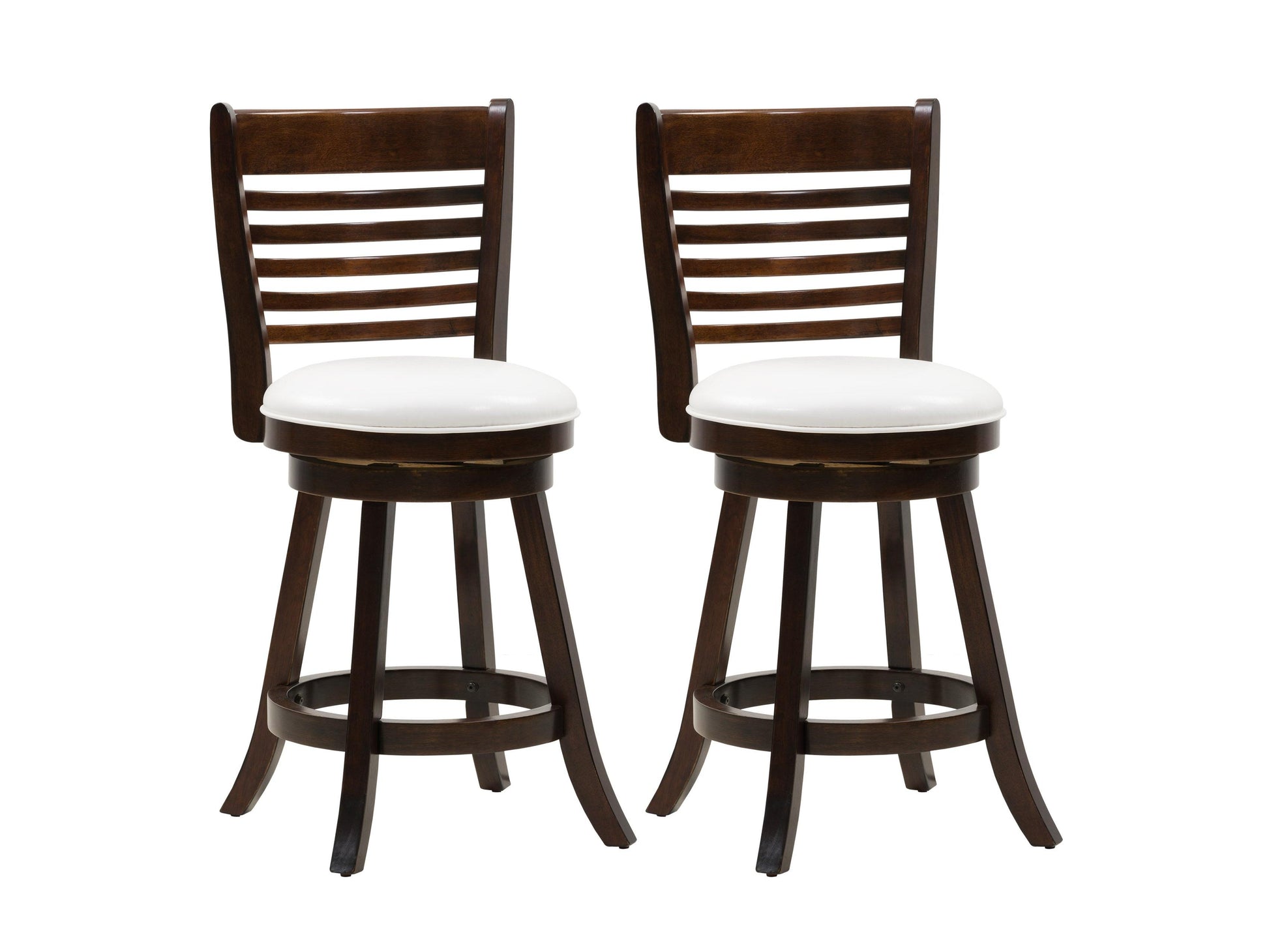 Set of 2 counter height bar stools with dark wood seats, black metal frames, and footrests; modern industrial design perfect for kitchen islands or home bars.