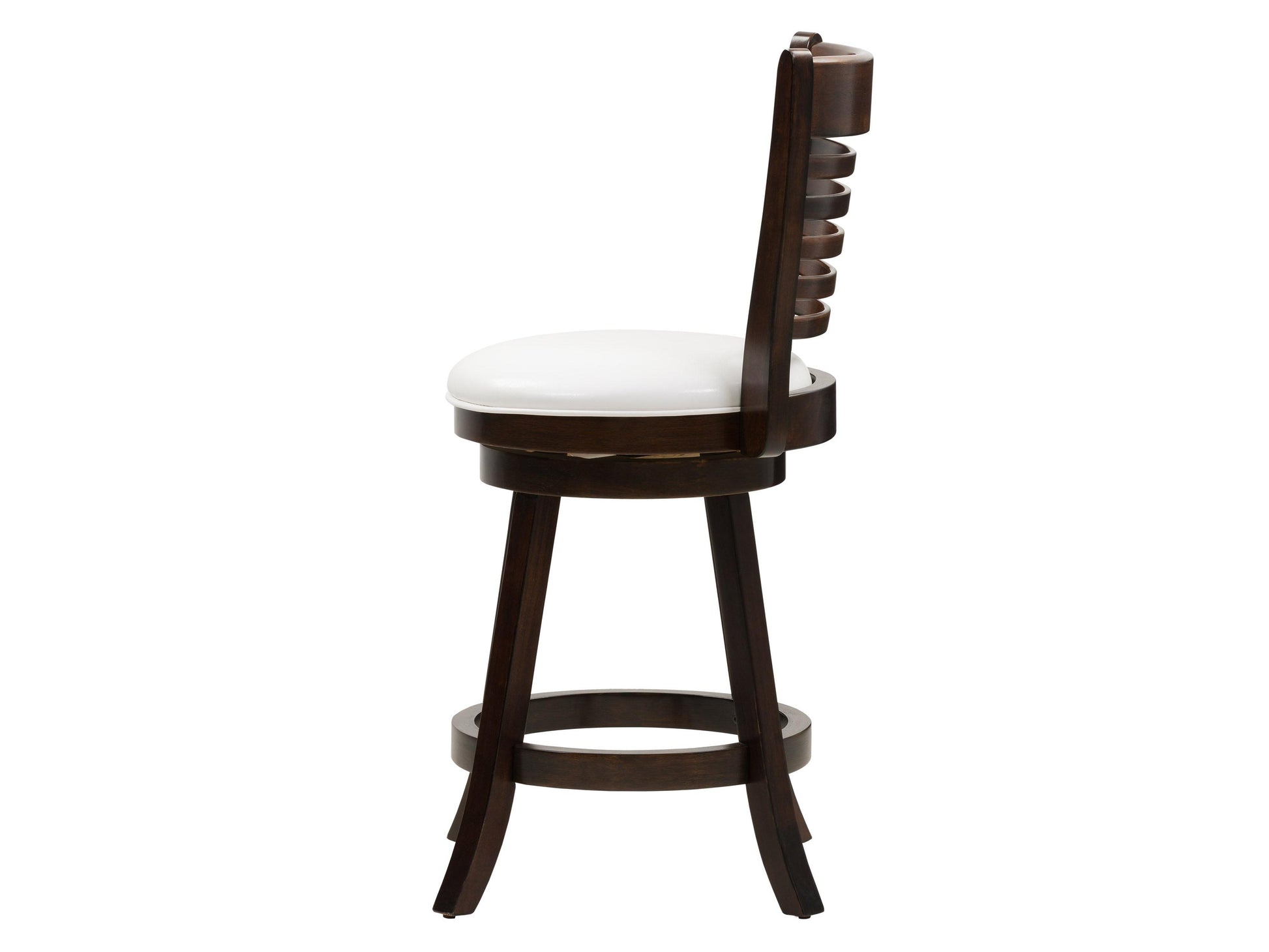 Set of two counter height bar stools with black metal frames, dark walnut wood seats, and backrests featuring sleek, modern design and sturdy construction. Ideal for kitchen islands or home bars.