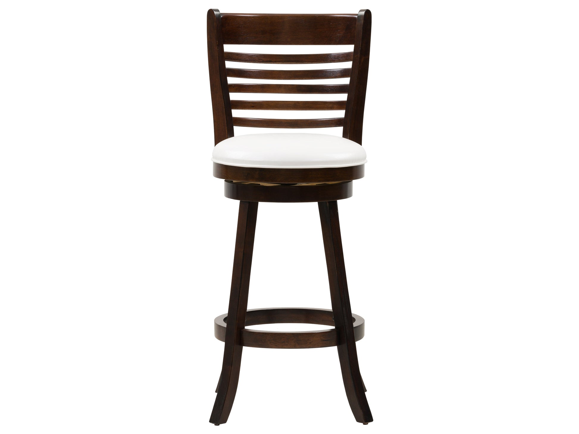 White bar height bar stools set of 2, featuring sleek chrome legs, cushioned seats with white faux leather upholstery, and footrests for added comfort, perfect for modern kitchen or bar settings.