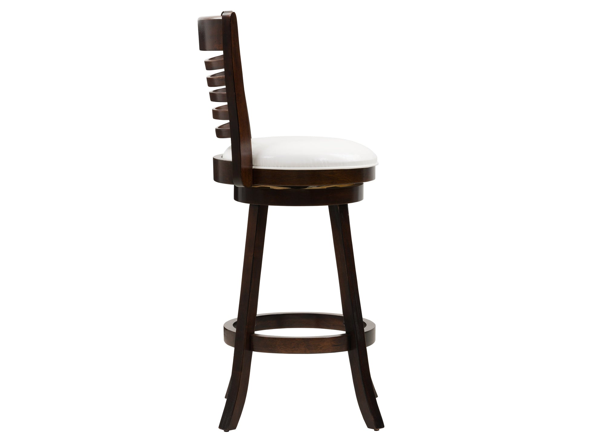 White bar height bar stools set of 2, featuring sleek chrome legs, cushioned seats with white faux leather upholstery, and footrests for added comfort, perfect for modern kitchen or bar settings.